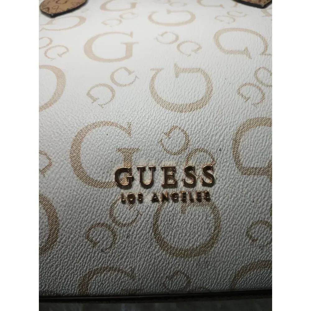 Guess Tote Bag Women's Cream Brown Gold Tone Preppy Classic Monogram Logo